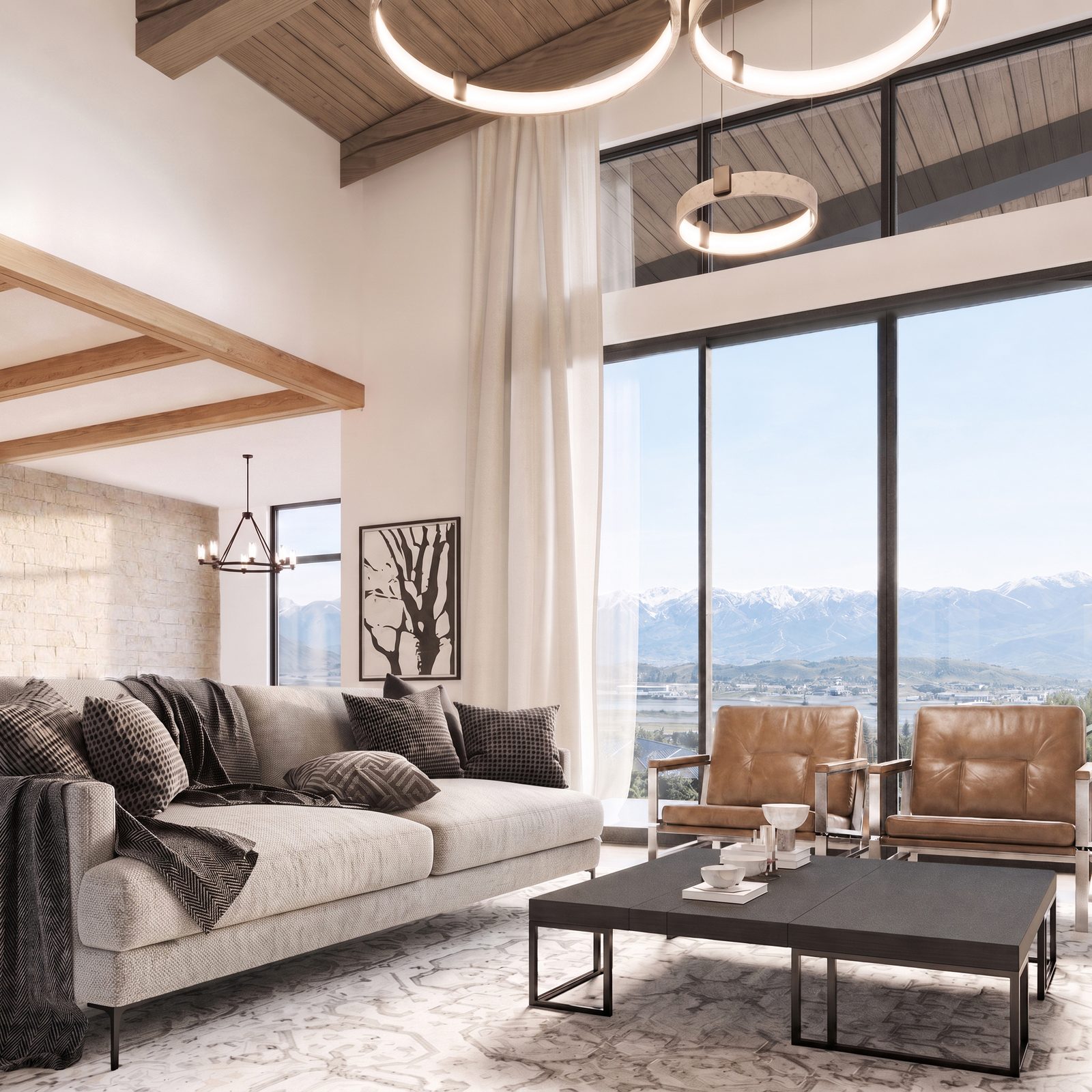 Great room with wall of glass to ski-run views
