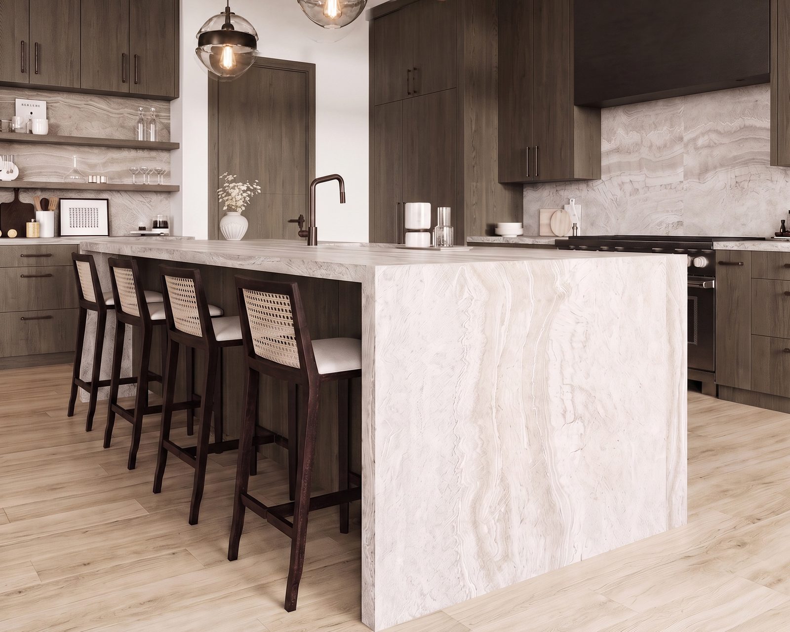 Chef's kitchen with waterfall quartzite island