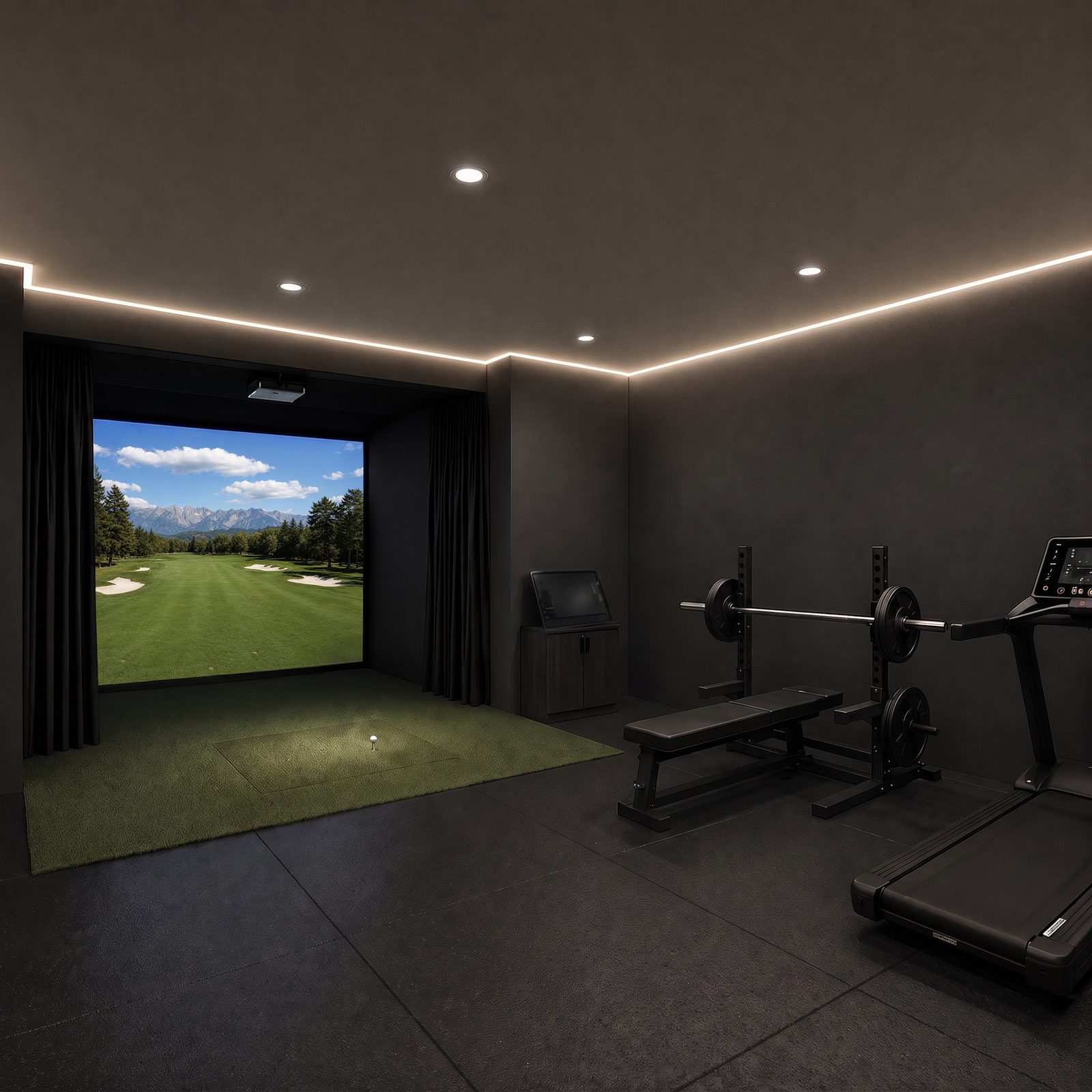 Lower-level golf simulator and gym