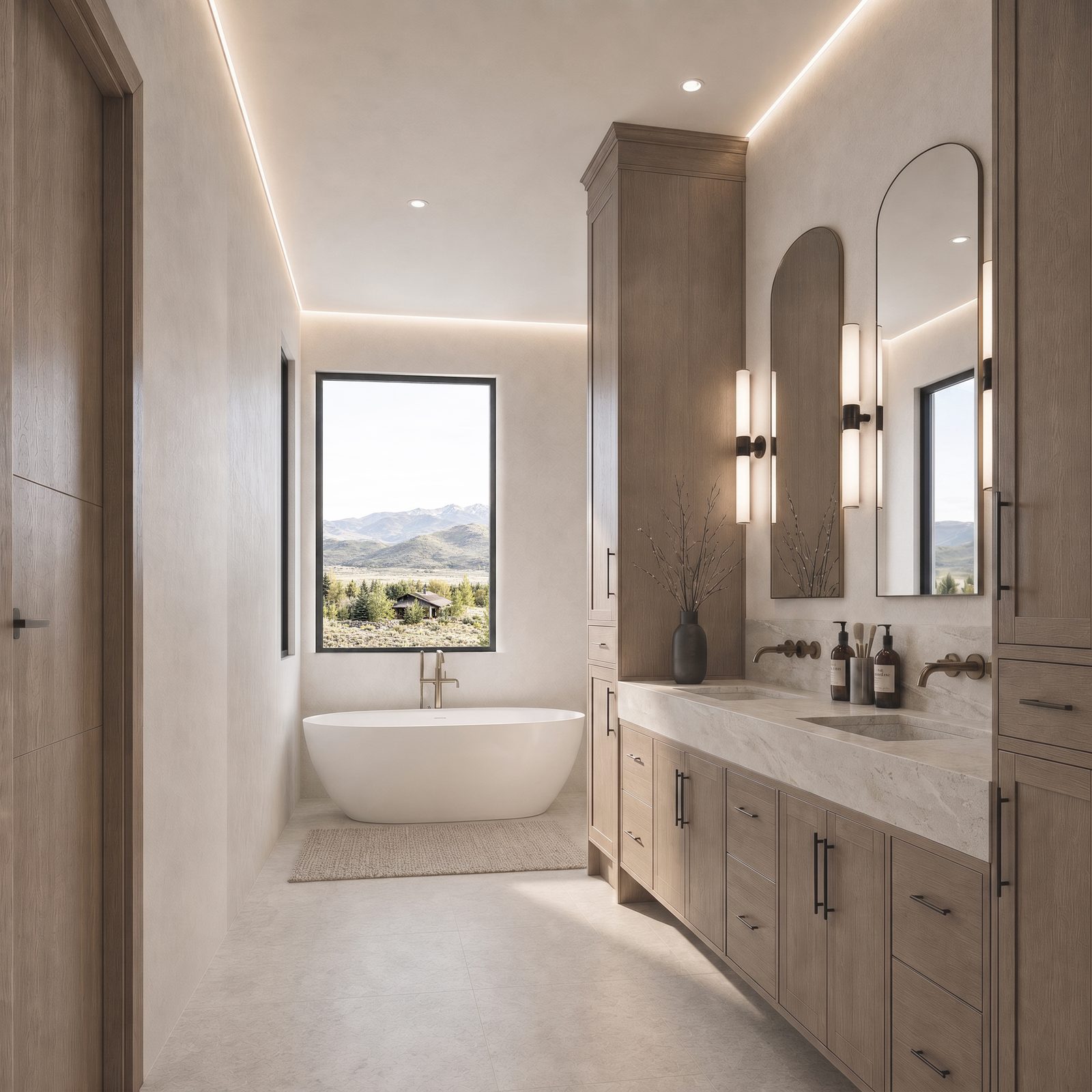 Main-level primary bath with freestanding soaking tub